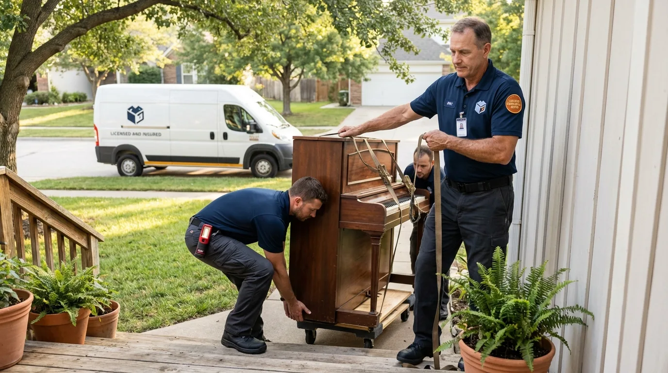Licensed piano movers securing grand piano in Monterey, CA