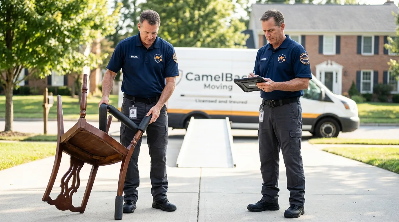 Movers inspecting furniture for damage prevention before loading in Monterey, CA